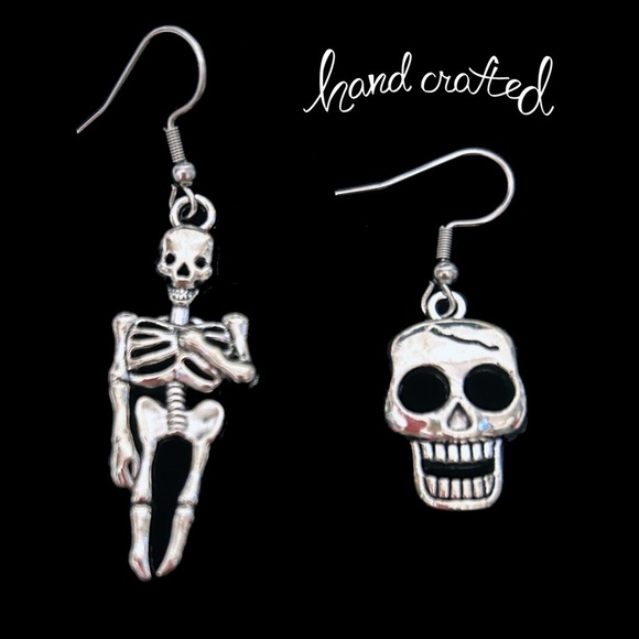 Goth themed Hand Crafted Earrings Skeleton & Skull Pendant Stainless Steel Wires - Picture 1 of 9